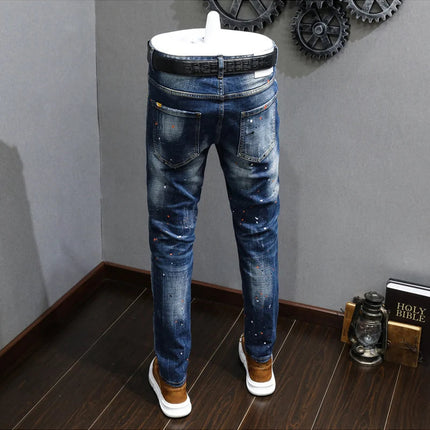 Fashion Designer Men Jeans Retro Blue Stretch Slim Fit Painted Ripped Jeans Men Korean Style Vintage Casual Denim Pants Hombre PlatiNum