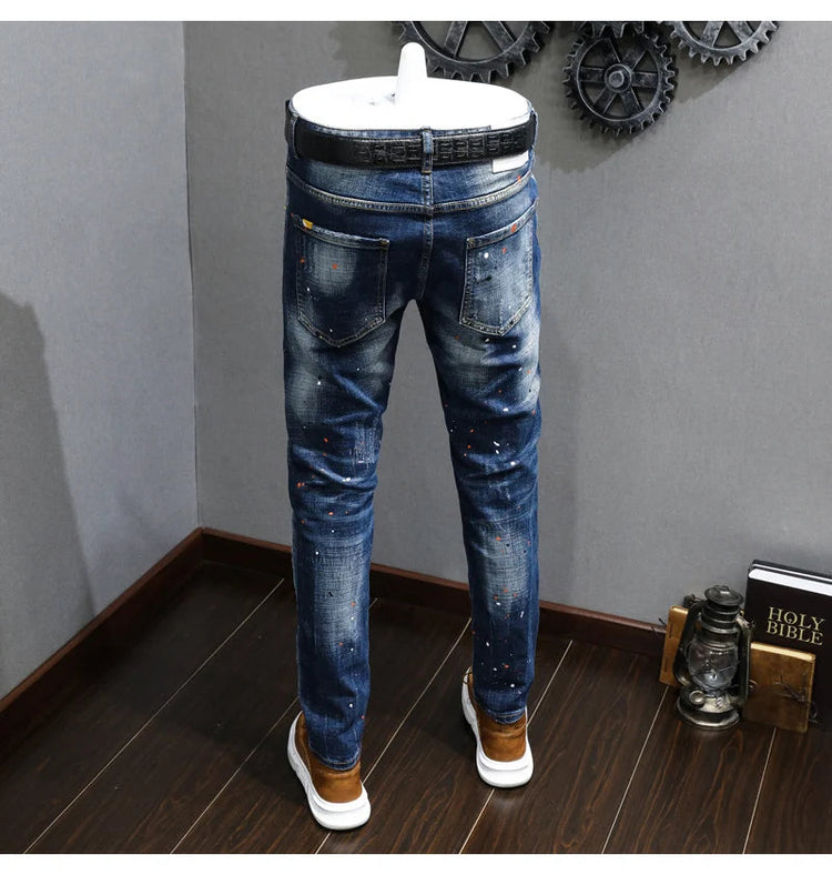 Fashion Designer Men Jeans Retro Blue Stretch Slim Fit Painted Ripped Jeans Men Korean Style Vintage Casual Denim Pants Hombre PlatiNum