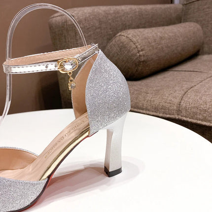 Bling Gold Silver Women Pumps 2023 Sexy Point Toe Thin Heel Party Wedding Shoes Womens Summer Ankle Strap 8cm High Heels Shoes PlatiNum