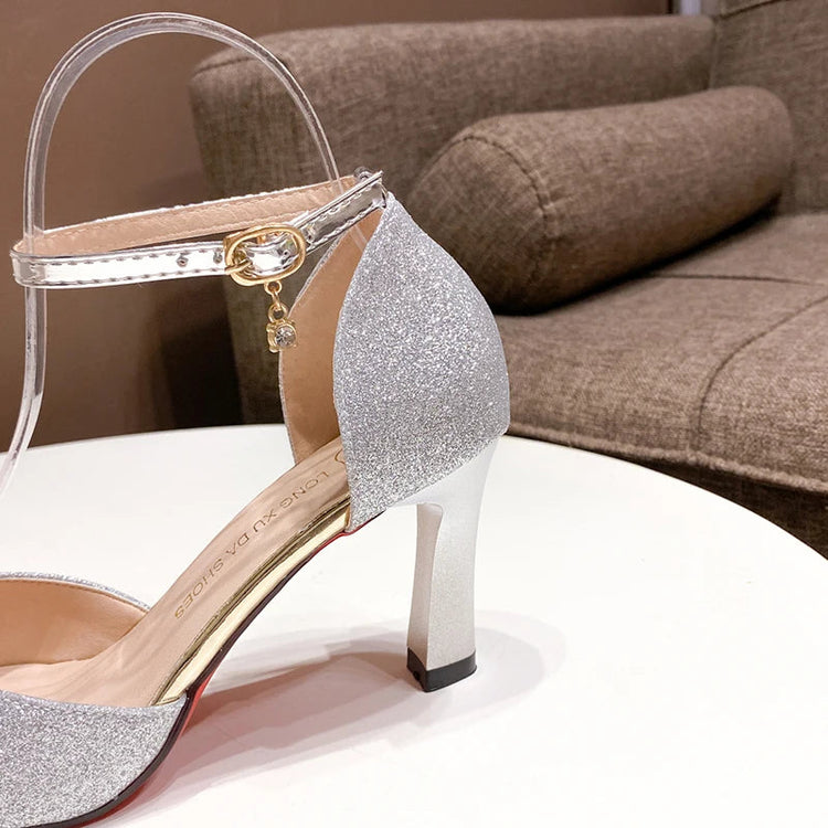 Bling Gold Silver Women Pumps 2023 Sexy Point Toe Thin Heel Party Wedding Shoes Womens Summer Ankle Strap 8cm High Heels Shoes PlatiNum