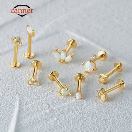 CANNER 1PC 925 Sterling Silver Exquisite Crown Opal Piercing Earring for Women Ear Studs Cartilage Earring Body Jewelry Gift PlatiNum