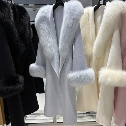 YOLOAgain Women's 100% Wool Coat Long With Detachable Real Fox Fur Collar 2025 Autumn Elegant Double-Sided Wool Coat