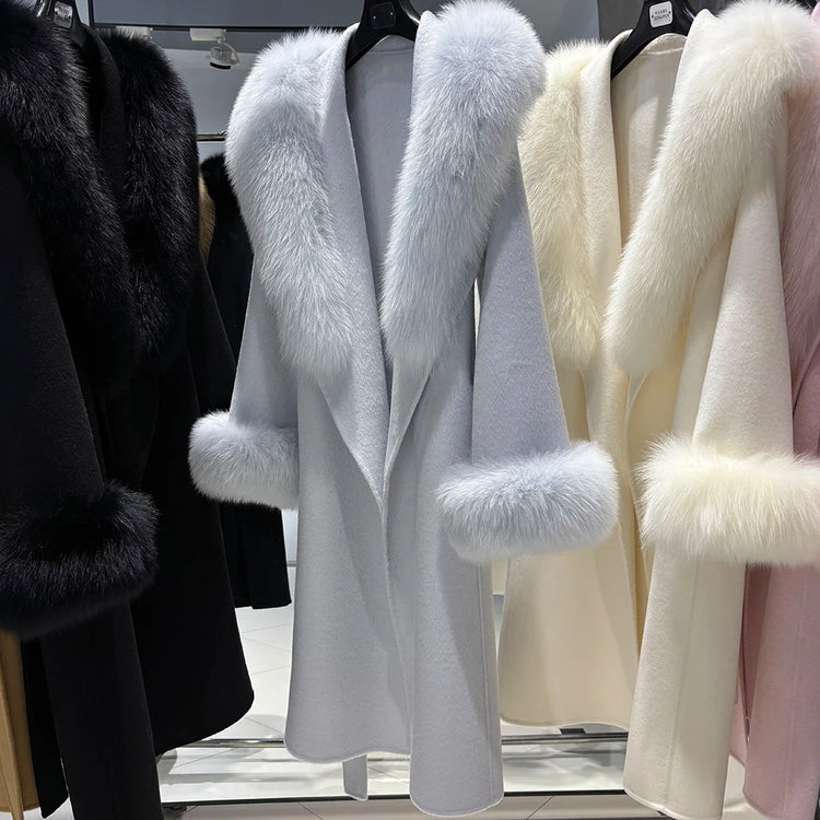 YOLOAgain Women's 100% Wool Coat Long With Detachable Real Fox Fur Collar 2025 Autumn Elegant Double-Sided Wool Coat