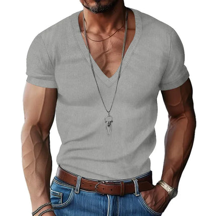 Men's European and American Summer Corduroy Solid Color Slim Casual V-Neck T-Shirt Amazon