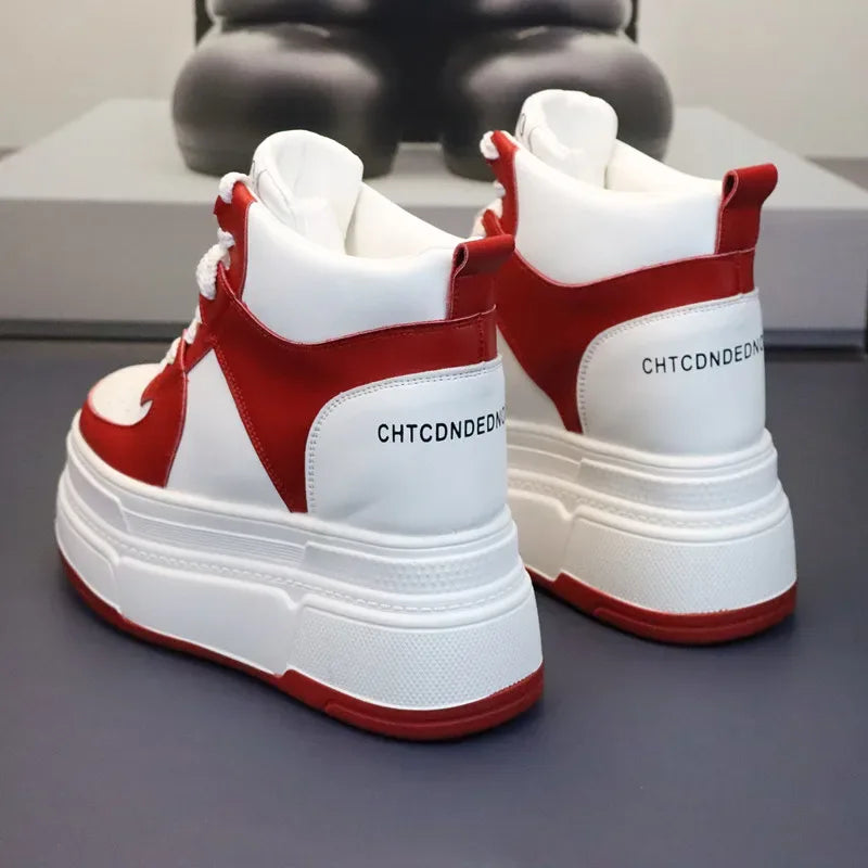 10CM 12CM 14CM High Top Leather Women Autumn Spring Platform Wedge Women Fashion Sneakers Chunky Shoes Vulcanize Skateboard - PlatiNum