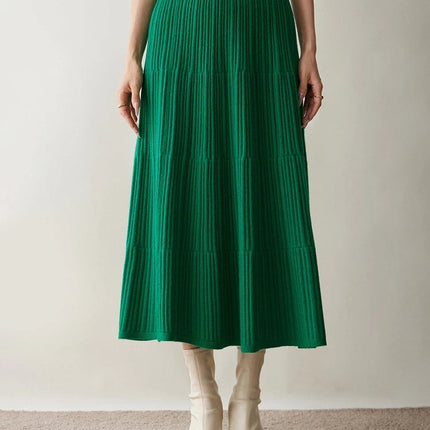 Autumn Winter Women Tiered Skirt Cashmere A-line Pleated Skirt Elastic Waist 100% Cashmere Knitted High Quality Soft Solid Dress PlatiNum