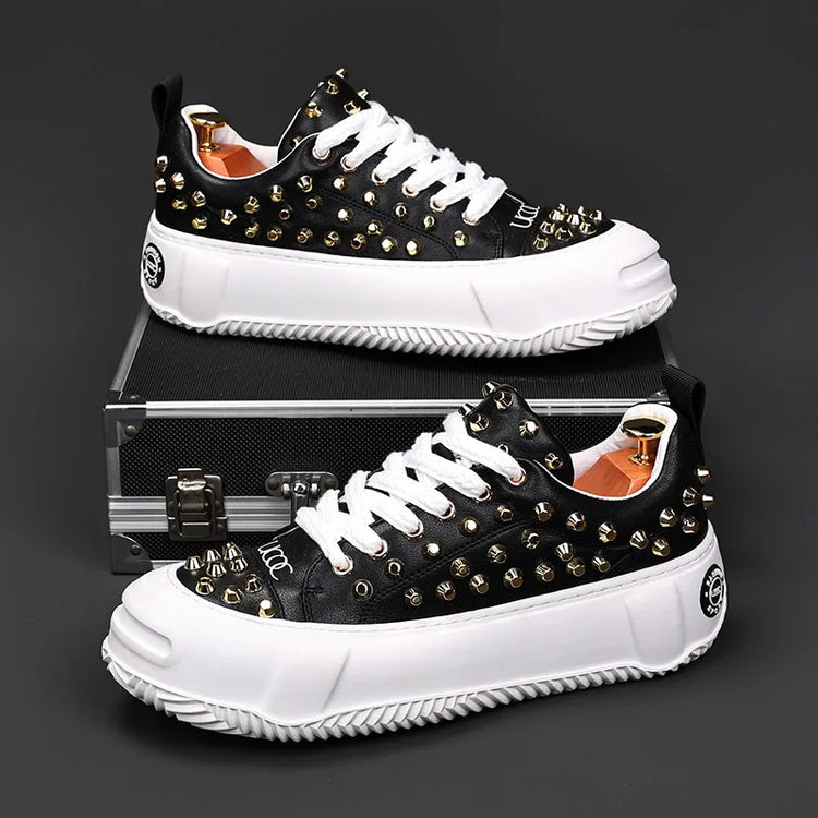 Luxury Designer Men's Punk Rivet Thick Bottom Lace Up Shoes Causal Flats Moccasins Male Rock Hip-hop Walking Sneakers