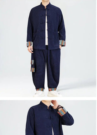 2026 Uomini di Stile Cinese Retro Tang Vestito Da Uomo di Velluto A Coste Patchwork Set Stampato Int