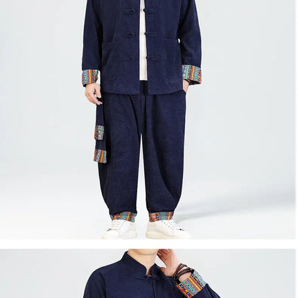 2026 Uomini di Stile Cinese Retro Tang Vestito Da Uomo di Velluto A Coste Patchwork Set Stampato Intrattenimento Musiche E Canzoni Mens Vintage Stampa Set Maschile Casual Kung Fu Vestito