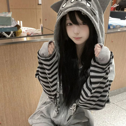 Japanese Harajuku Kawaii Long Sleeve Hoodie Women Cat Ears Sweet Sweatshirt Lace Striped Zipper Casual Cartoon 2025 Autumn