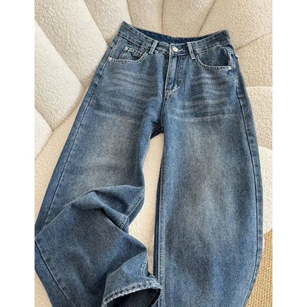 Jeans in denim a vita alta a gamba larga stile street americano con ricamo a stella, nuovo design da donna, pantaloni lunghi dritti e larghi