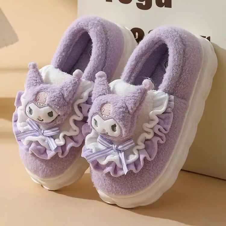 Women Cute Cartoon Plush Slippers Ruffled Lace Bow Warm Fuzzy Thick Non-Slip Sole Winter Indoor Bedroom Cozy House Shoes Girls