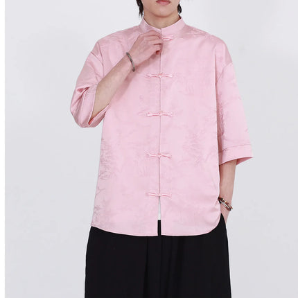 Camicie Estive da Uomo di Lusso in Jacquard Traspirante a Maniche Corte, Stile Cinese Tradizionale Kung Fu Tai Chi, Camicia Casual da Uomo