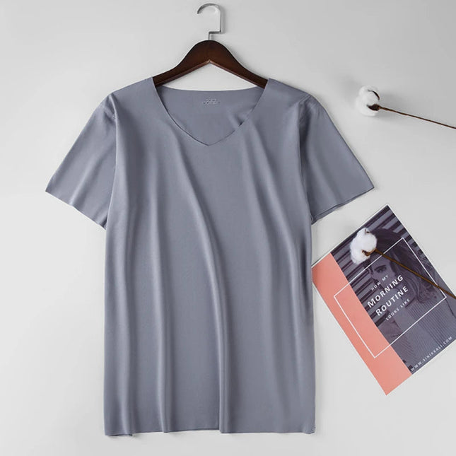 2024 Men's Thin Short Sleeve Ice Silk Without Summer Solid Color T Shirt Trace Slim V-neck Bottoming Seamless Short Sleeve PlatiNum