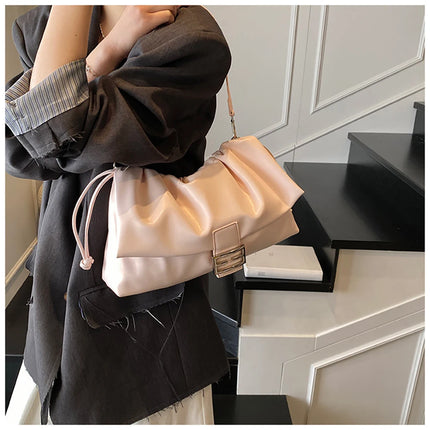 Women's Large Capacity Casual Single Shoulder Bag Soft Leather Cloud Pleated Drawstring Tote Bag Fashion Versatile Underarm Bag