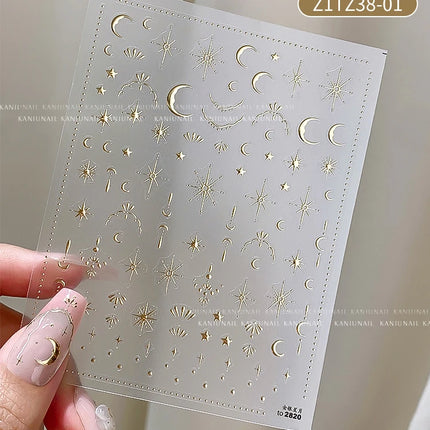 3D Bronzing Gold Moon Star Nail Art Stickers Retro Bohemia Sun Moon Star Nails Designs Self-Adhesive 3D Luxury Nail Decorations
