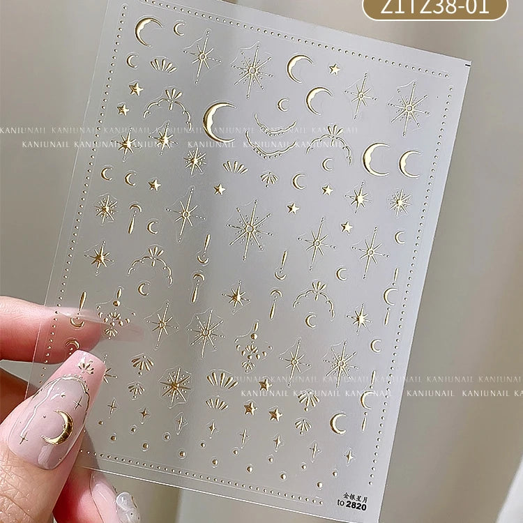 3D Bronzing Gold Moon Star Nail Art Stickers Retro Bohemia Sun Moon Star Nails Designs Self-Adhesive 3D Luxury Nail Decorations