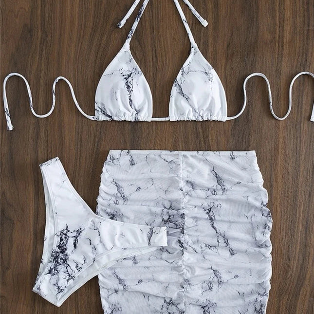 3 pezzi perizoma Bikini con gonna marmo texture costume da bagno donna costume da bagno Set costumi da bagno femminili abbigliamento da spiaggia nuoto estate platinumshop
