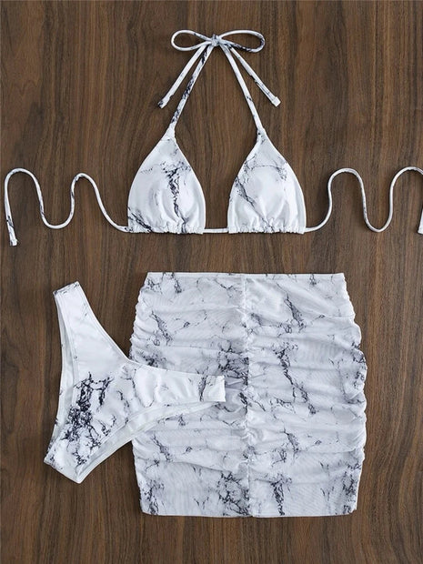 3 pezzi perizoma Bikini con gonna marmo texture costume da bagno donna costume da bagno Set costumi da bagno femminili abbigliamento da spiaggia nuoto estate platinumshop