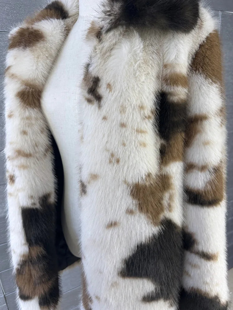ZADORIN 2026 Chic Mid Long Cow Pattern Fluffy Faux Fur Coat Woman Lapel Loose Winter Fur Coats Woman Furry Jacket Fur Faux Coat