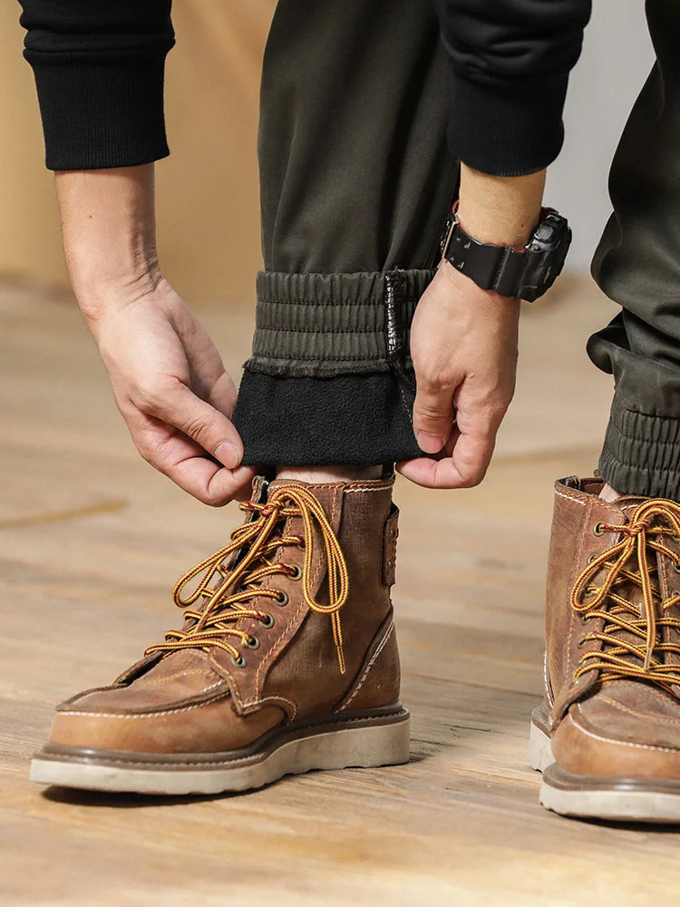 2024 New Winter Cargo Pants Men Multi-Pockets Drawstring Fleece Liner Thick Warm Overalls Joggers Casual Cotton Thermal Trousers
