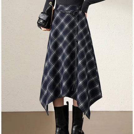 Women Faux Woolen Plaid Long Skirts Korean Vintage Belt Loose High Waist A Line Skirt Casual Fall Winter Irregular Retro Skirts PlatiNum