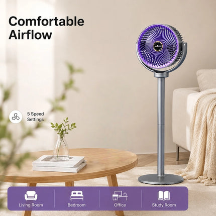 Ventilatore a piantana e da tavolo 2-in-1 moderno, circolatore d'aria a 5 velocità, flusso d'aria a spirale, altezza regolabile, per casa, camera da letto, ufficio