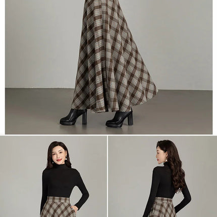 New Women Thick Woolen Skirt Autumn Winter Fashion Elastic High Waist A-Line Long Plaid Skirt Elegant Easy Match Wool Skirt PlatiNum