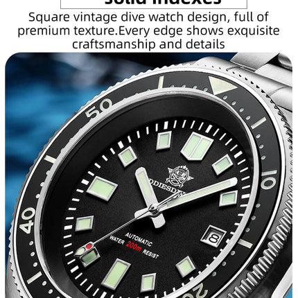 ADDIESDIVE Luxury Men's Automatic Watch Ceramic Bezel Sapphire Glass 200m Waterproof Ultra Bright Blue Luminous Diving Watch