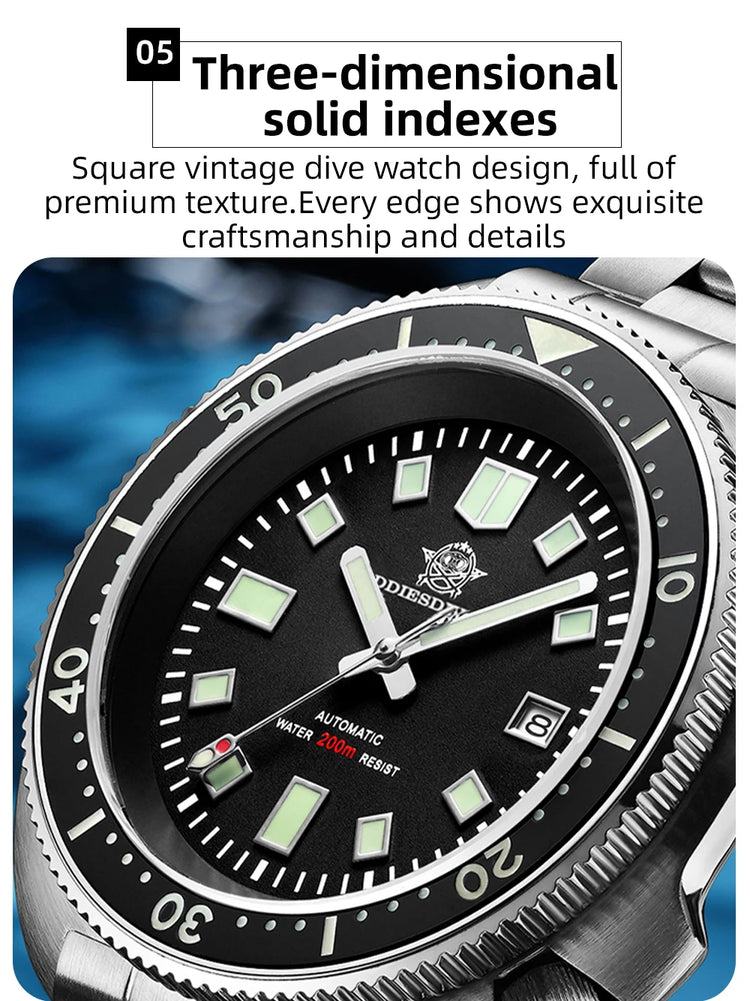 ADDIESDIVE Luxury Men's Automatic Watch Ceramic Bezel Sapphire Glass 200m Waterproof Ultra Bright Blue Luminous Diving Watch