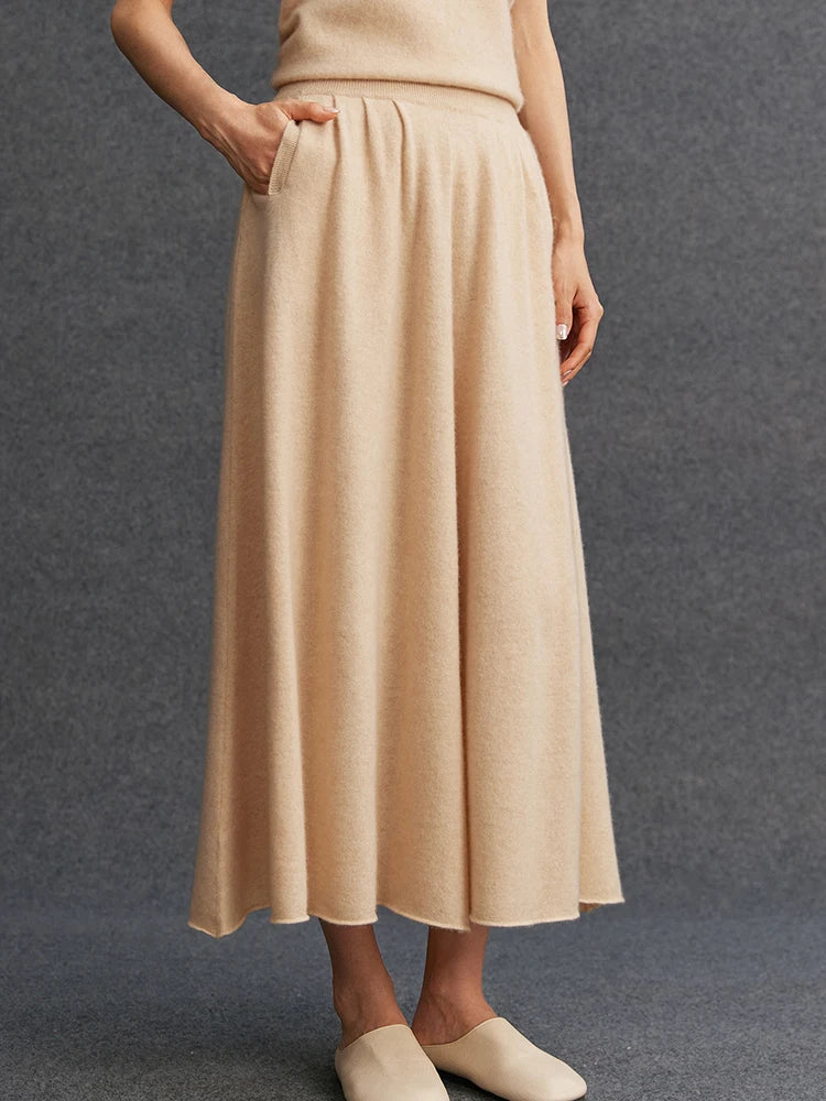 New Women's 100% Pure Cashmere Knitted Full Skirt Autumn Winter High Waisted Mid-calf Ankle-Length Soild Dress Versatile Elegant PlatiNum
