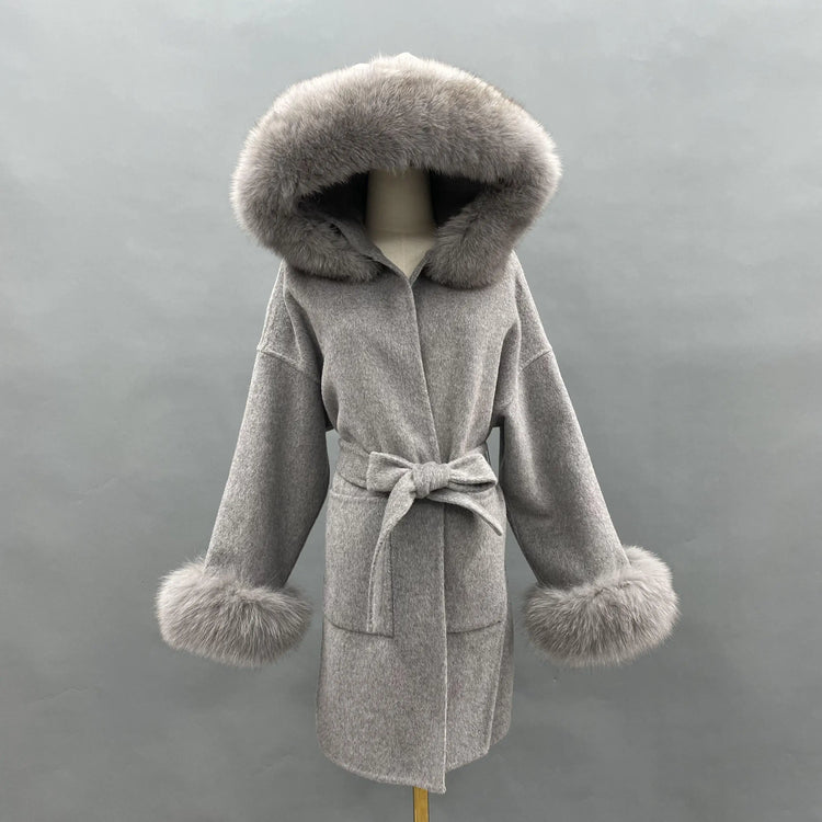 MISSJANEFUR Wool Coat with Real Fox Fur Collar Cuff Women Fashion Belted Cashmere Coats Warm Winter Hooded Trench Peacoat