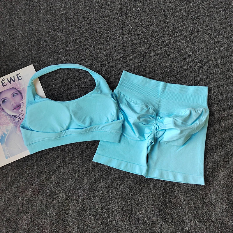 2PCs Peach High Waist Belly Hip Lifting Sports Bras Shorts Suit Gathering Shock-proof Neck Halter Yoga Suit Running Fitness Set