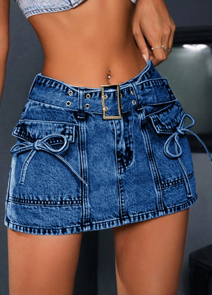 Women's High waisted Blue Denim shorts Belted Drawstring pocketed Fashion Street Y2K style Trend Summer Essential Jeans PlatiNum