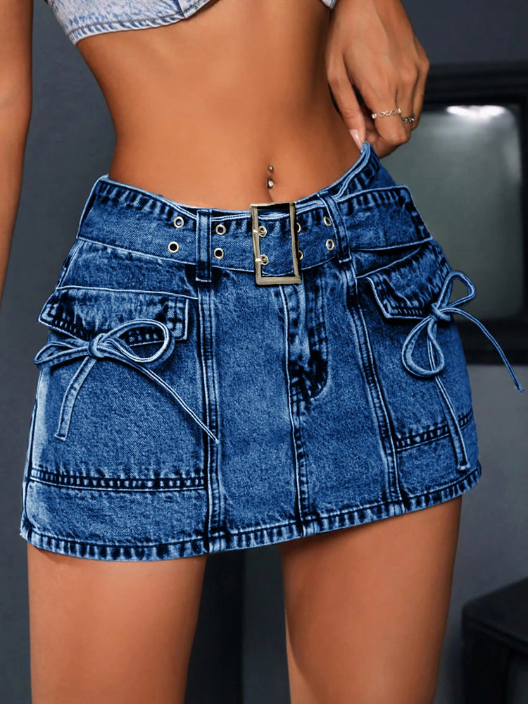 Women's High waisted Blue Denim shorts Belted Drawstring pocketed Fashion Street Y2K style Trend Summer Essential Jeans PlatiNum