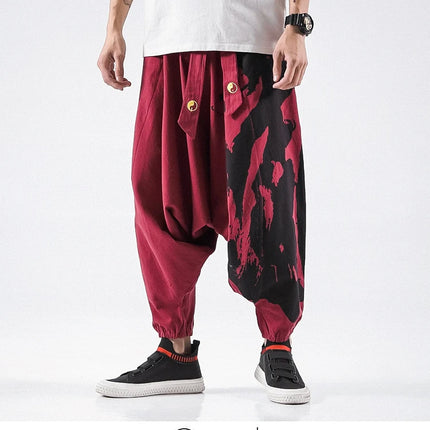 Pantaloni alla moda da uomo Samurai giapponese Ukiyo-e Cintura con stampa Pantaloni stile harem da uomo in cotone e lino Casual Oversize Harajuku Pantaloni a gamba larga da uomo