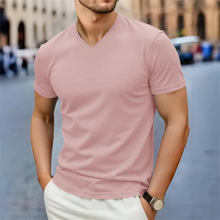2025 New Men's Casual Fashion Simple V-neck Short Sleeved T-shirt Summer Comfortable Breathable Versatile Top PlatiNum