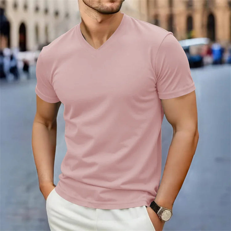 2025 New Men's Casual Fashion Simple V-neck Short Sleeved T-shirt Summer Comfortable Breathable Versatile Top PlatiNum