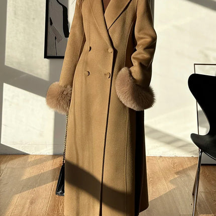 Autumn Winter Korean High-end Real Fox Fur Sleeves Women Black Slim Fit Waist Cinched Double-sided Wool Coat Long Woolen Coat