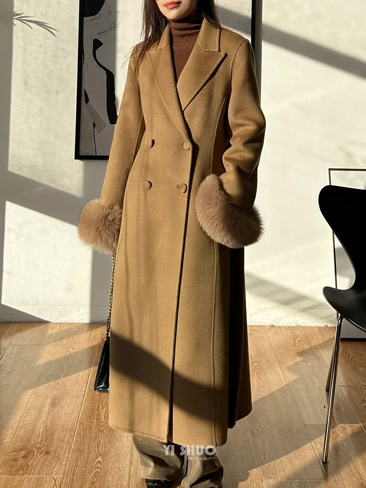 Autumn Winter Korean High-end Real Fox Fur Sleeves Women Black Slim Fit Waist Cinched Double-sided Wool Coat Long Woolen Coat