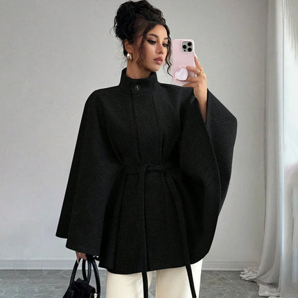 Elegant Women's Woolen Coat Autumn Winter Stand up Collar Cape Style Design Tie Waist Atmospheric Fashionable Ladies Outerwear