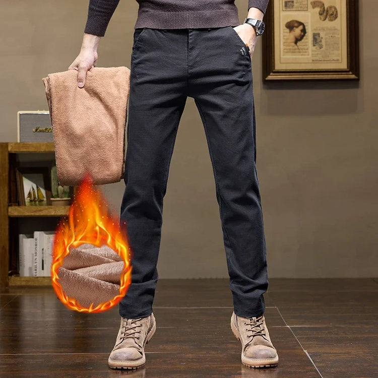 Winter Fleece Men's Slim Straight Business Casual Pants Solid Color Elasticity Trousers Warm Thickened Velvet Plaid Pants Male