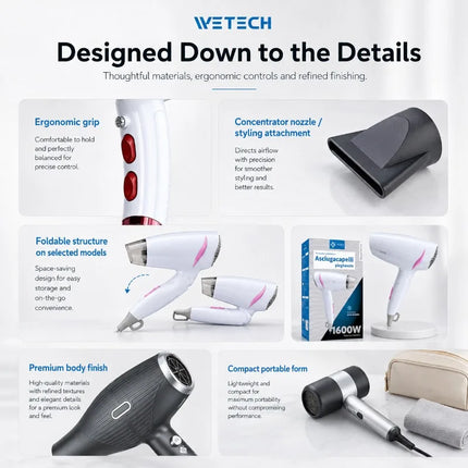 Professional Hair Dryer Collection, Foldable & Compact Household Hair Blow Dryer Series, Multi‑Power 1600‑2200W Ionic Hairdryer for Home Salon Daily Hair Styling