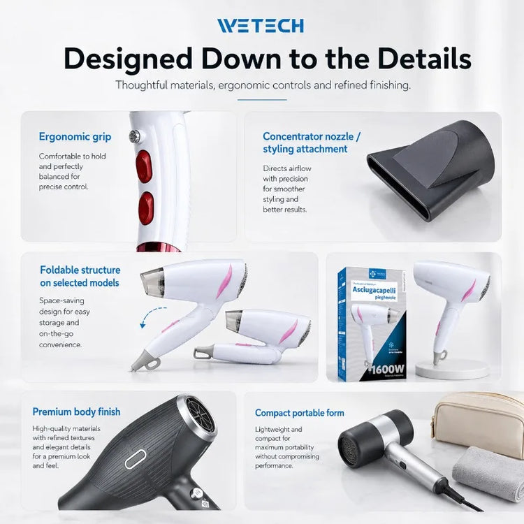 Professional Hair Dryer Collection, Foldable & Compact Household Hair Blow Dryer Series, Multi‑Power 1600‑2200W Ionic Hairdryer for Home Salon Daily Hair Styling