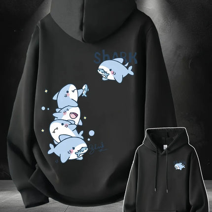 2026 Hoodie men's cute stacked cartoon shark pattern print autumn and winter loose casual pullover sweatshirt