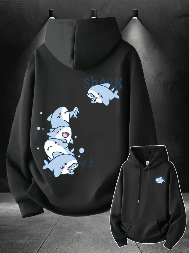 2026 Hoodie men's cute stacked cartoon shark pattern print autumn and winter loose casual pullover sweatshirt