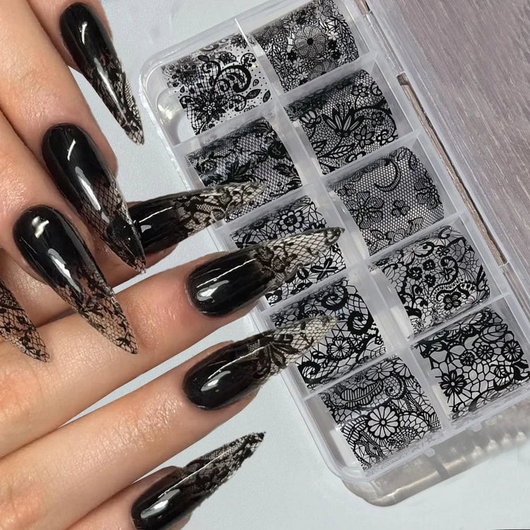 10 Rolls 4x50CM Black White Lace Transfer Nail Sticker Sexy Flower Lace Nail Art Transfer Foils Paper for DIY Manicure Decals*@# 2028