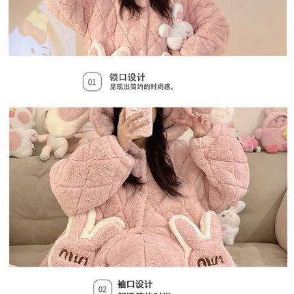 Women Winter Thickened Fleece Bathrobe Can Be Worn Outside Girls Student Hoodie Loose Pajama Two-piece Set Lady Warm Loungewear