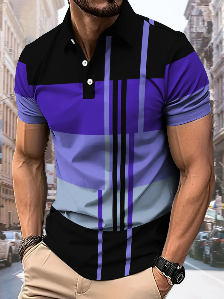 La nuova maglietta POLO da uomo dell'estate 2025 presenta una stampa casual con motivo a righe 3D, comoda e traspirante e alla moda