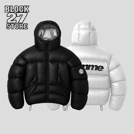Men Shiny Puffer Jacket Back Homme Letter Print Hooded Down Coat Oversized Warm Winter Couple Bubble Coat Black White Unisex New